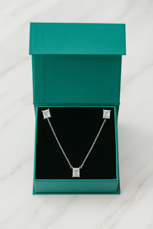 Princess-Cut Solitaire Necklace Set - 925 Silver