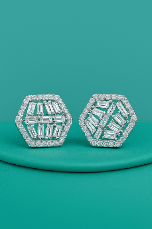 GeoGleam Hexa Studs – 925 Silver Earrings with AAA Zircons