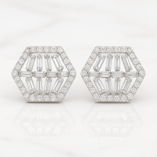 GeoGleam Hexa Studs – 925 Silver Earrings with AAA Zircons