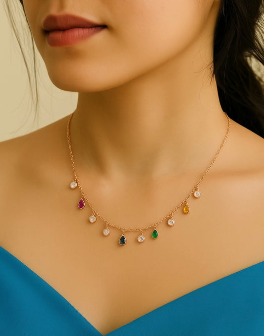 Rose Gold Multicolor Teardrop & Diamond Charm Necklace -Made with Pure 925 Silver