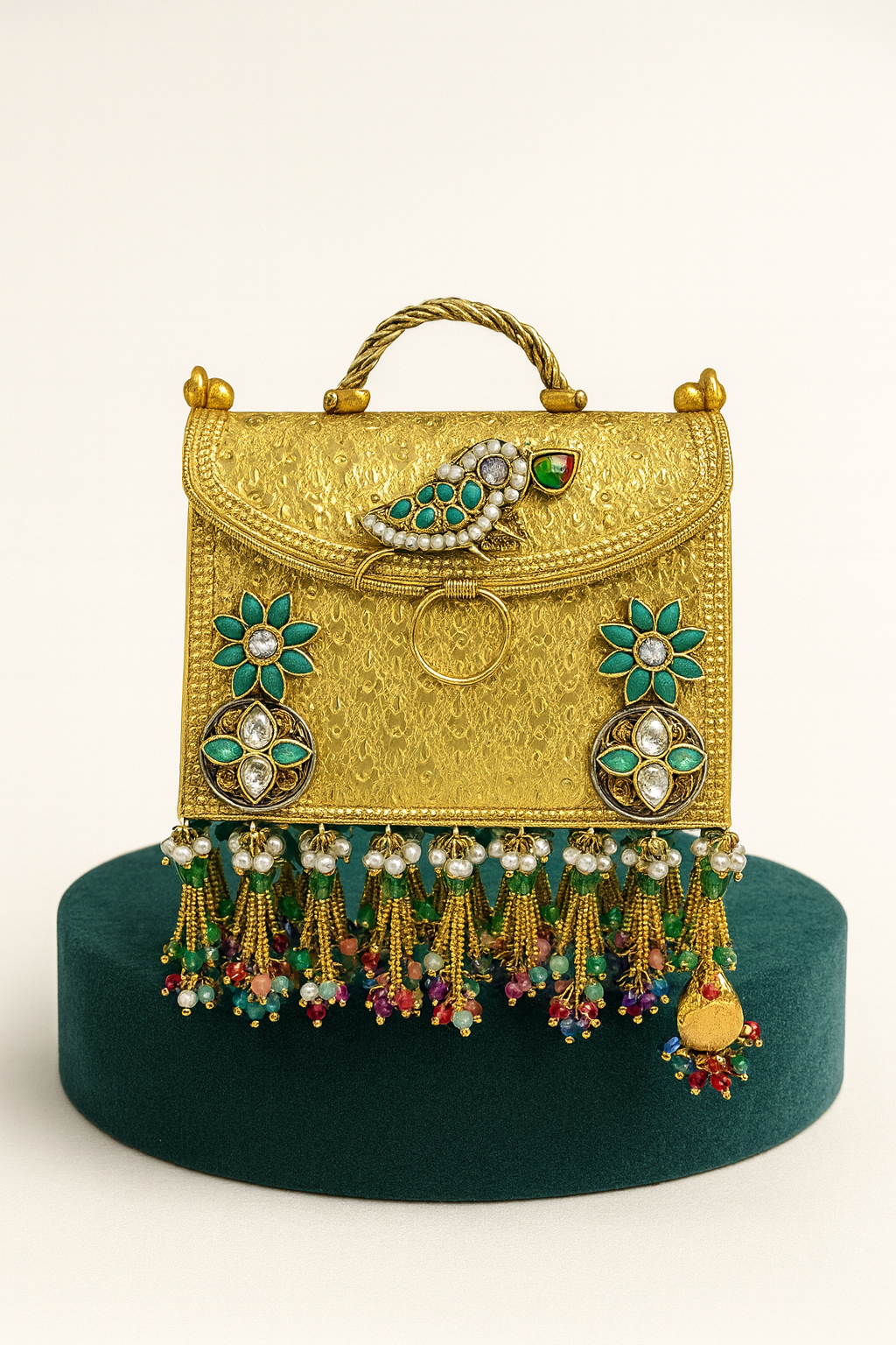 925 Silver Purse - Gold Plated with Parrot Motif & Beaded Tassels