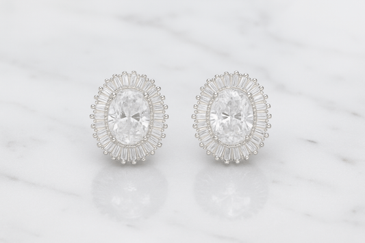 Regal Radiance Oval Halo Earrings- 925 Silver