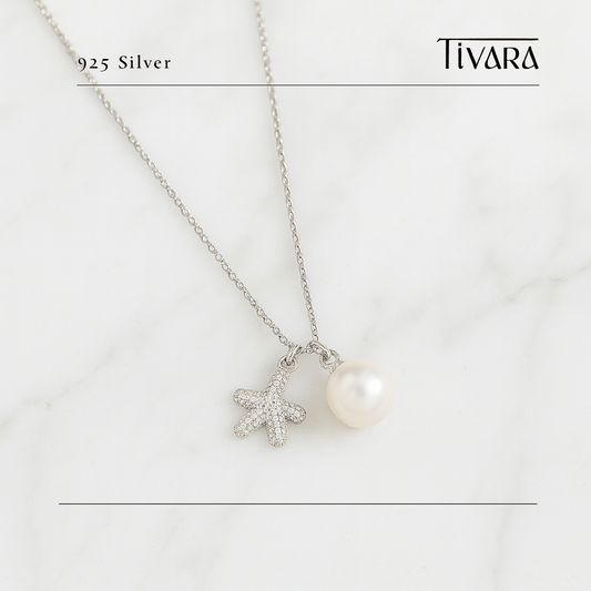 Starfish & Pearl Charm Necklace – 925 Silver