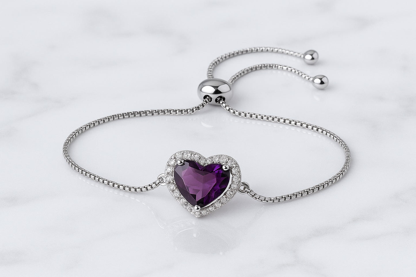 Amethyst Heart Halo Bracelet with Bolo Closure – 925 Sterling Silver