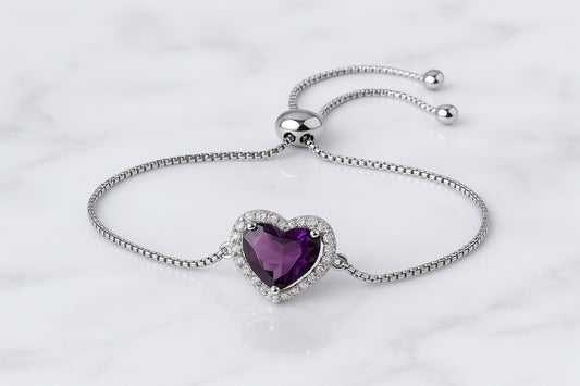 Amethyst Heart Halo Bracelet with Bolo Closure – 925 Sterling Silver
