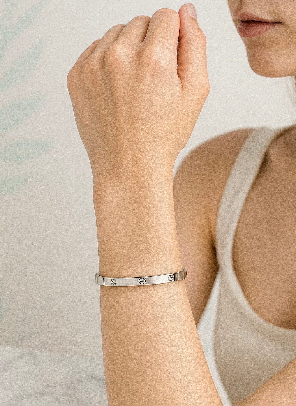 Tivara Signature Silver Screw Bangle – Diamond Accents - 925 Fine Silver
