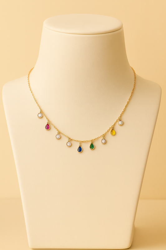 Rose Gold Multicolor Teardrop & Diamond Charm Necklace -Made with Pure 925 Silver