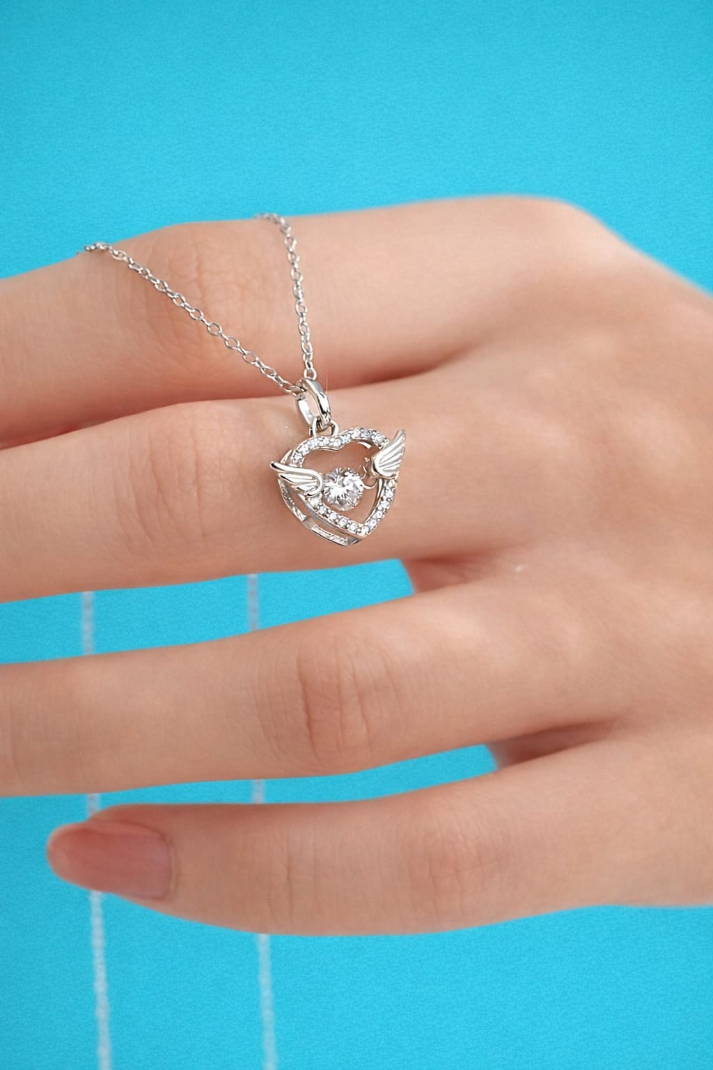 Angel Wings Heart Pendant - with Dancing Diamond - 925 Silver
