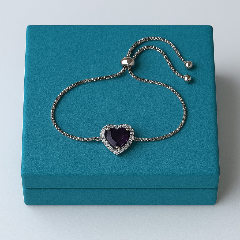 Amethyst Heart Halo Bracelet with Bolo Closure – 925 Sterling Silver