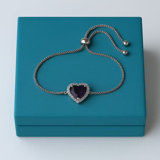 Amethyst Heart Halo Bracelet with Bolo Closure – 925 Sterling Silver