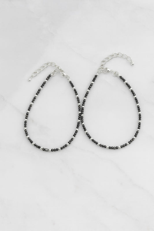 Tivara Black & Silver Beaded Anklet- Single - 925 Silver