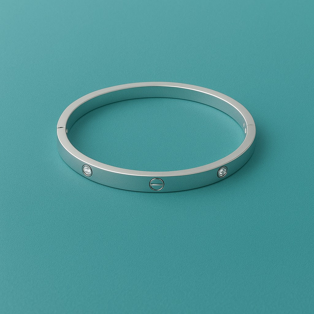 Tivara Signature Silver Screw Bangle – Diamond Accents - 925 Fine Silver