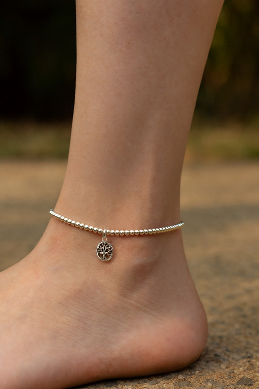 Tivara Silver Beaded Anklet with Kalpavriksha- Single- 925 Silver