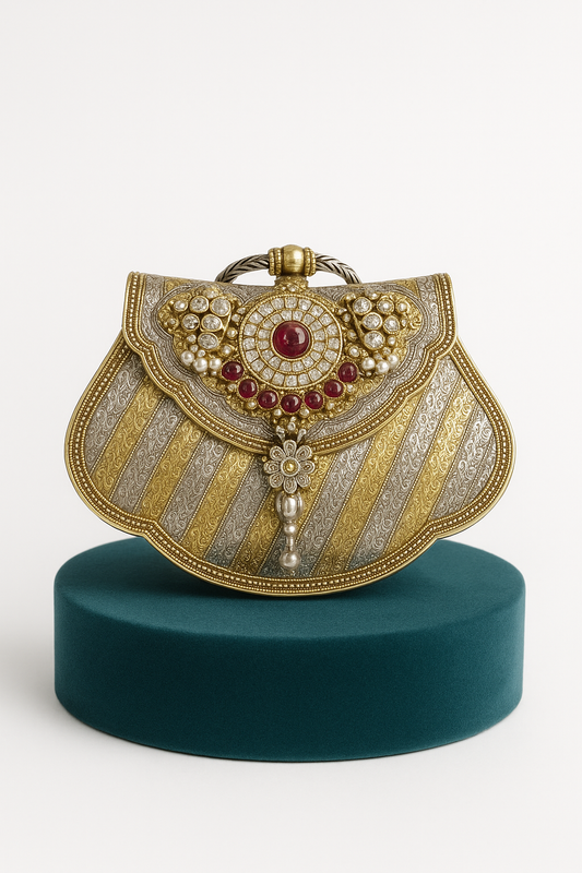 925 Silver Purse- Gold Plated with Ruby & Pearl Embellishments