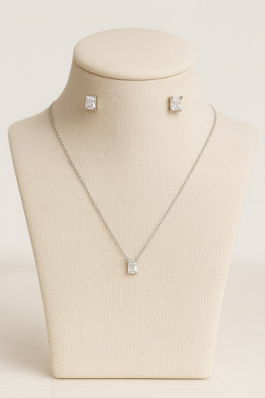 Princess-Cut Solitaire Necklace Set - 925 Silver