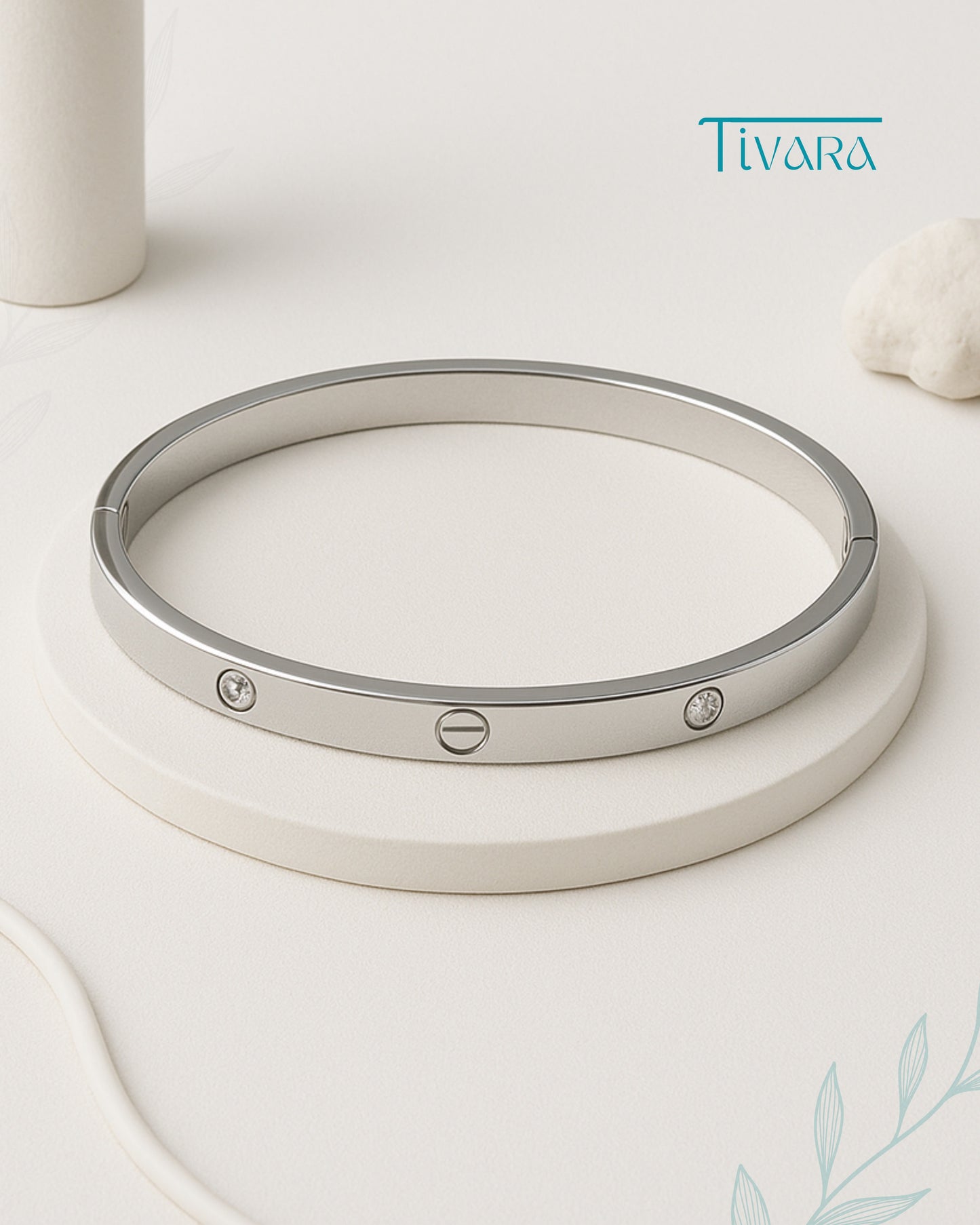 Tivara Signature Silver Screw Bangle – Diamond Accents - 925 Fine Silver