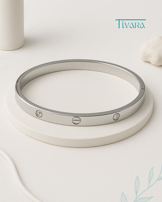 Tivara Signature Silver Screw Bangle – Diamond Accents - 925 Fine Silver