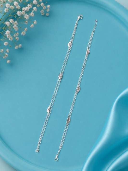 Nature Leaf Double Chain Anklet - 925 Silver - Single
