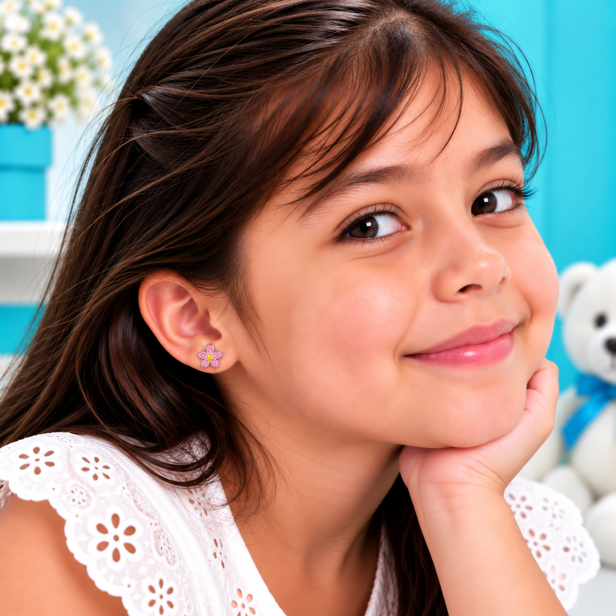 Tivara Pink Daisy Kids Earrings - Made with 925 Silver