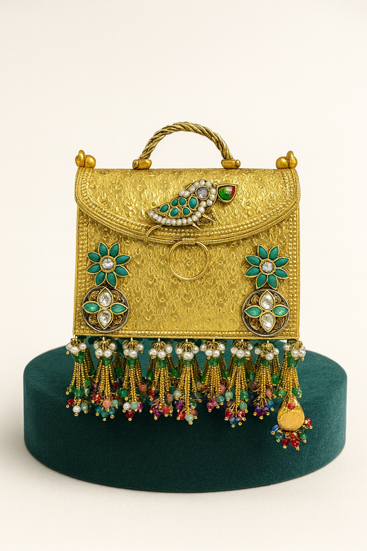 925 Silver Purse - Gold Plated with Parrot Motif & Beaded Tassels