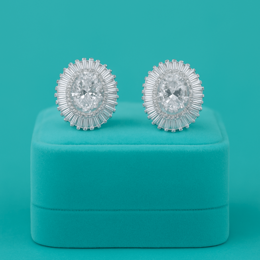 Regal Radiance Oval Halo Earrings- 925 Silver