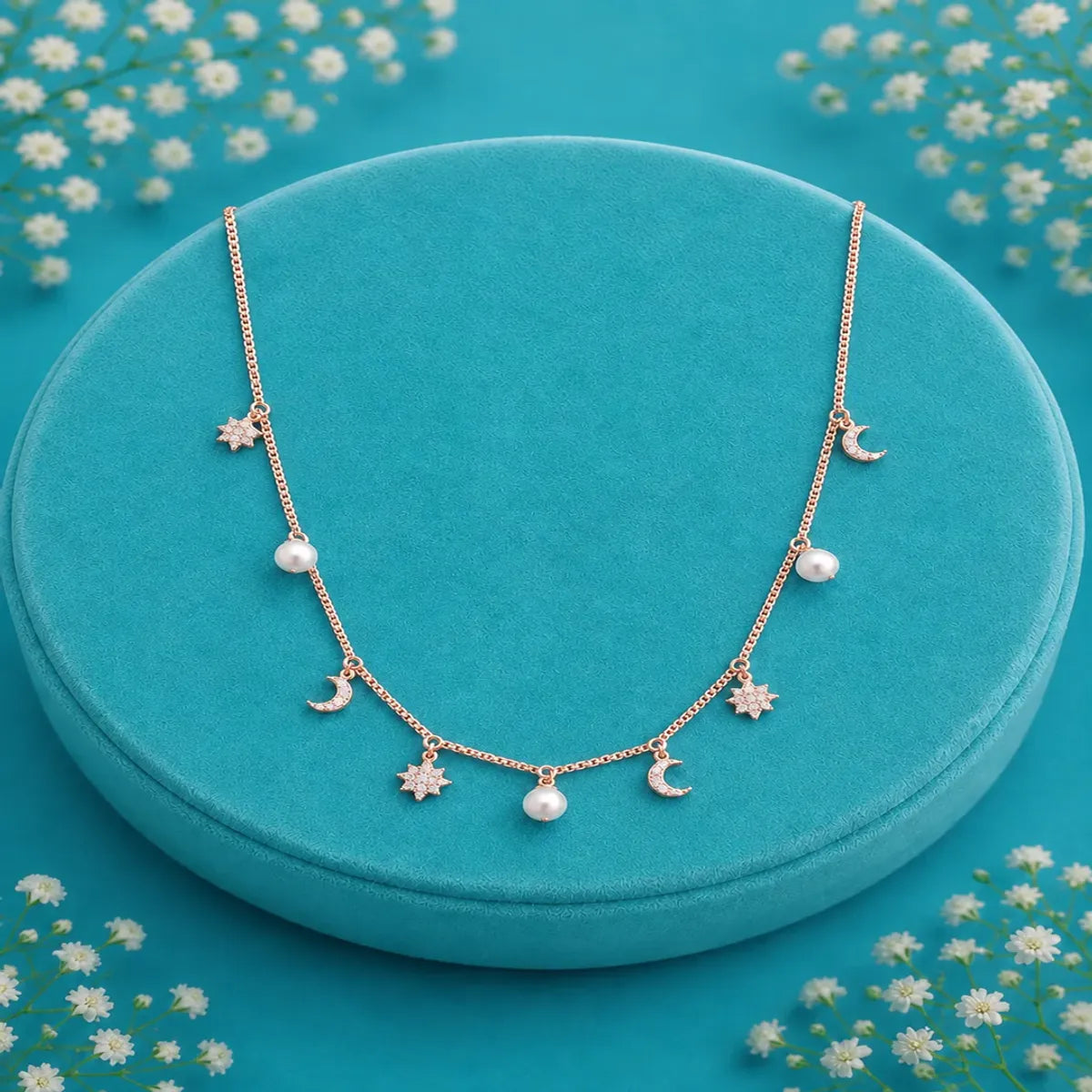 Celestial Moon & Pearl Necklace with Matching Pearl Drop Earrings Set – 925 Sterling Silver - Rose Gold Finish