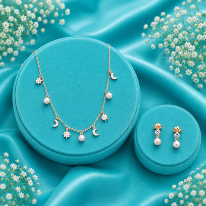 Celestial Moon & Pearl Necklace with Matching Pearl Drop Earrings Set – 925 Sterling Silver - Rose Gold Finish