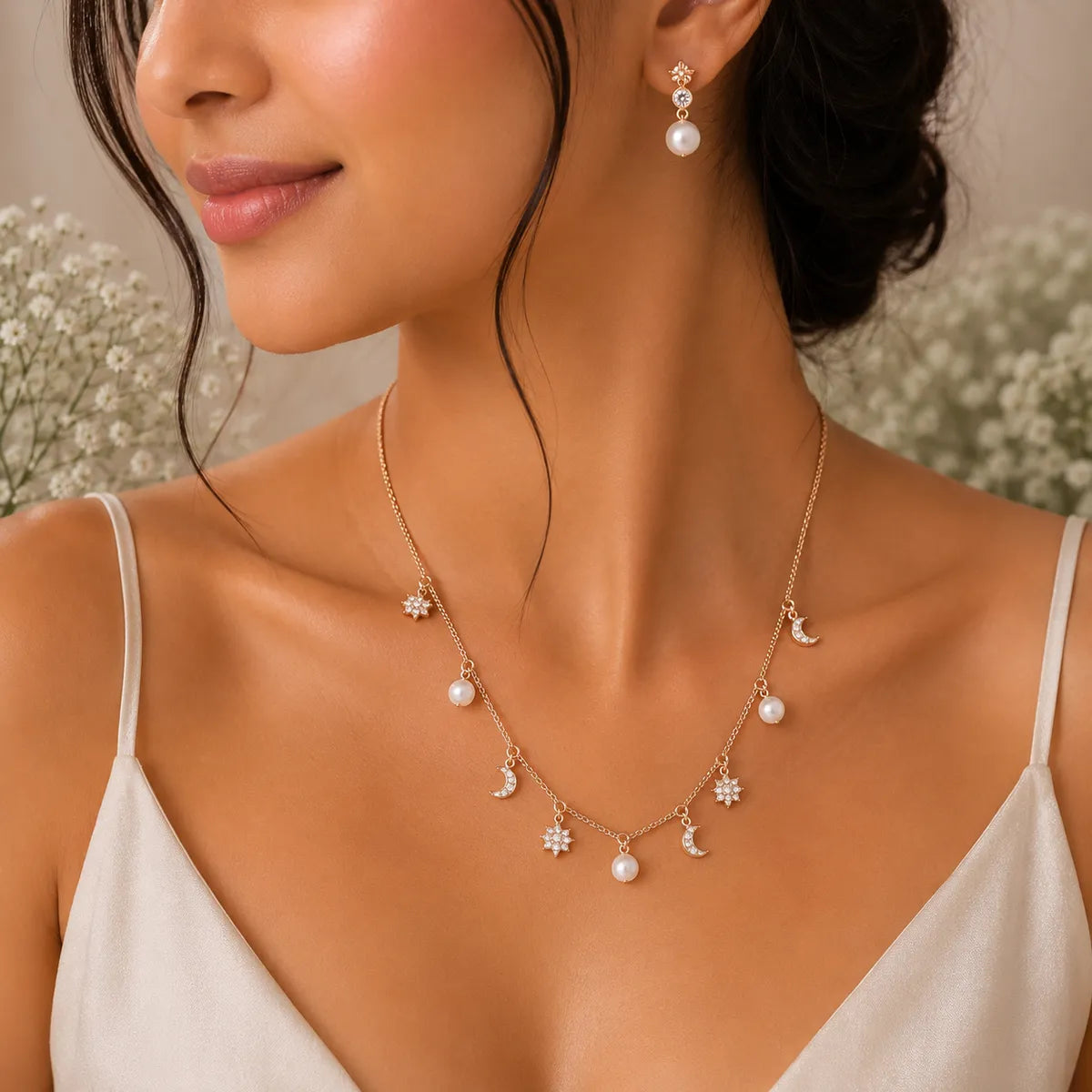 Celestial Moon & Pearl Necklace with Matching Pearl Drop Earrings Set – 925 Sterling Silver - Rose Gold Finish