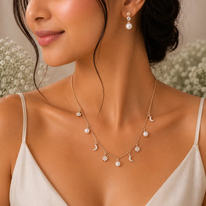 Celestial Moon & Pearl Necklace with Matching Pearl Drop Earrings Set – 925 Sterling Silver - Rose Gold Finish