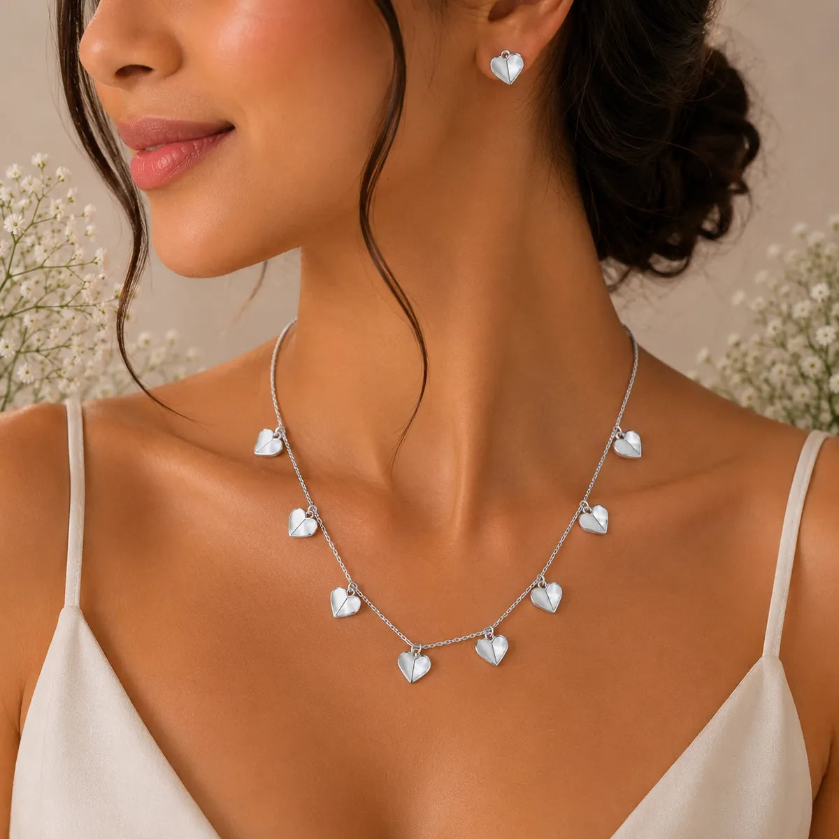 Mother of Pearl Heart Necklace Set - 925 Silver