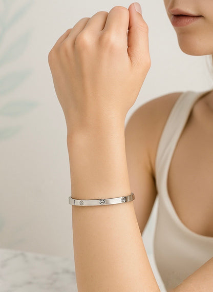 Tivara Signature Silver Screw Bangle – Diamond Accents - 925 Fine Silver