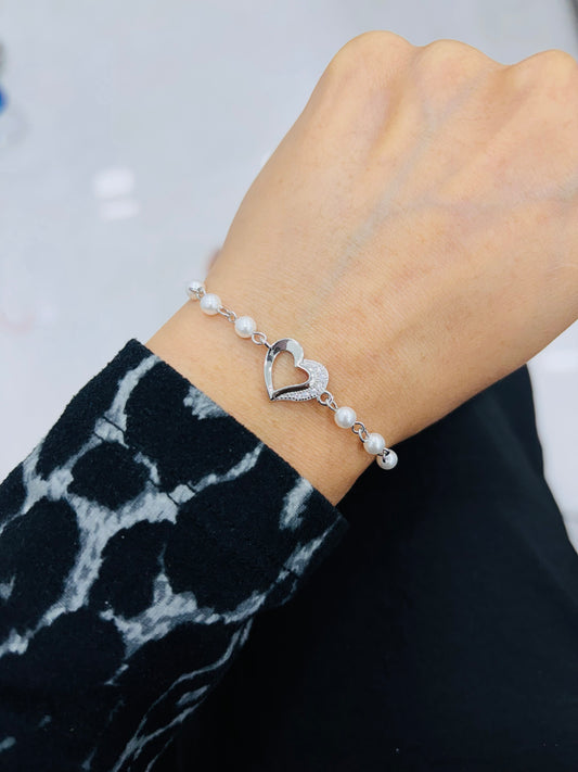 Pearl & Open Heart Bracelet - made with 925 Silver