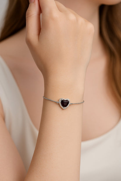 Amethyst Heart Halo Bracelet with Bolo Closure – 925 Sterling Silver