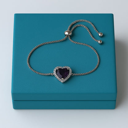 Amethyst Heart Halo Bracelet with Bolo Closure – 925 Sterling Silver
