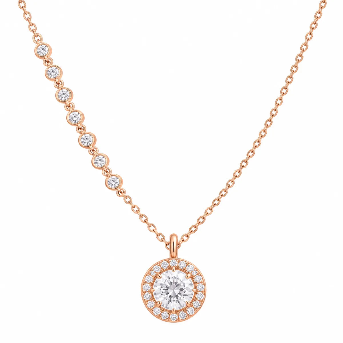 Halo Solitaire Pendant Necklace - Rose Gold - made with 925 Silver