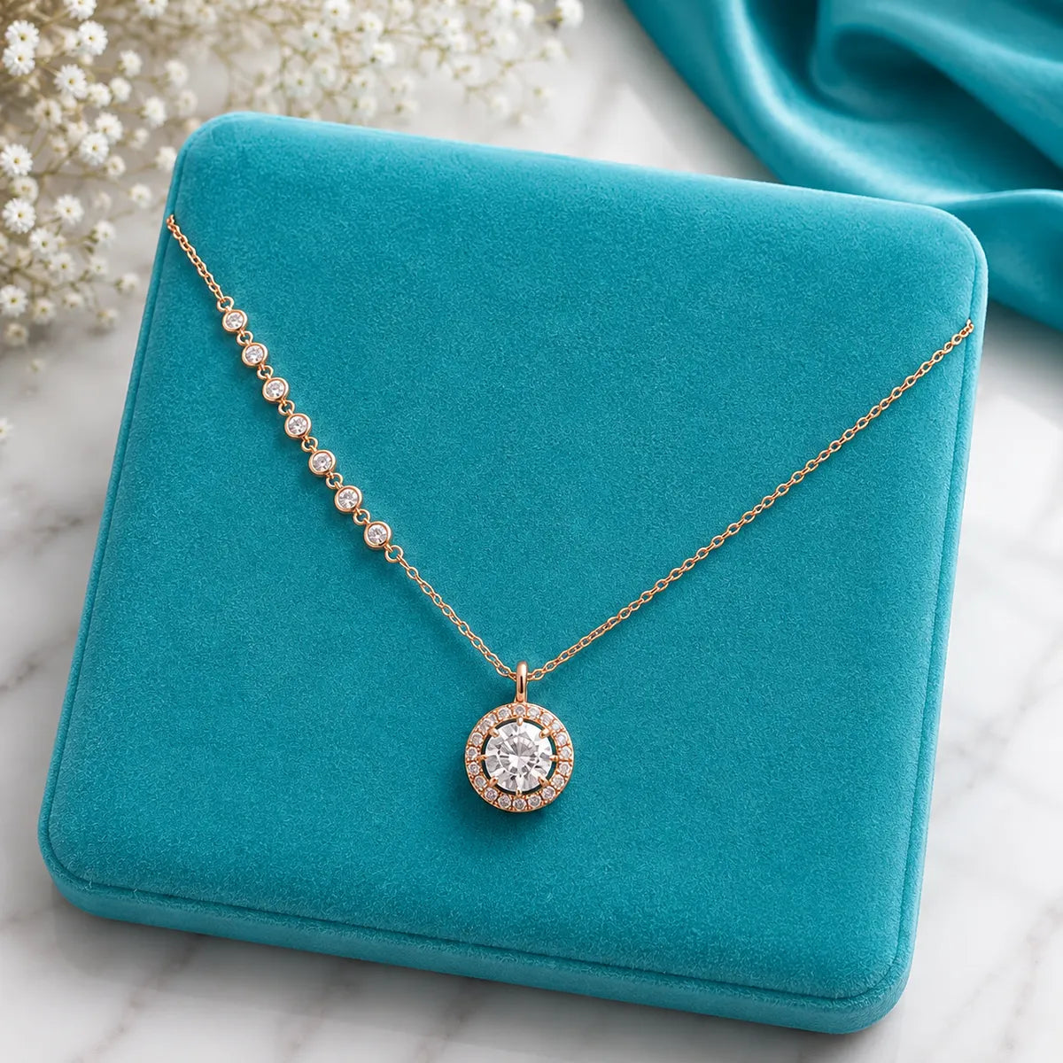 Halo Solitaire Pendant Necklace - Rose Gold - made with 925 Silver