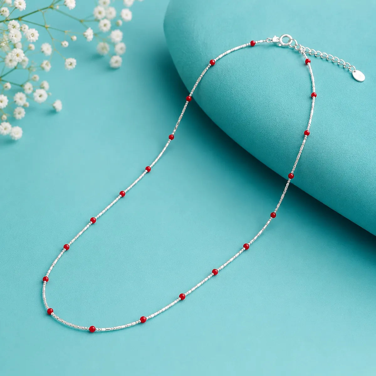Dainty Red Enamel Station Necklace - made with 925 Silver