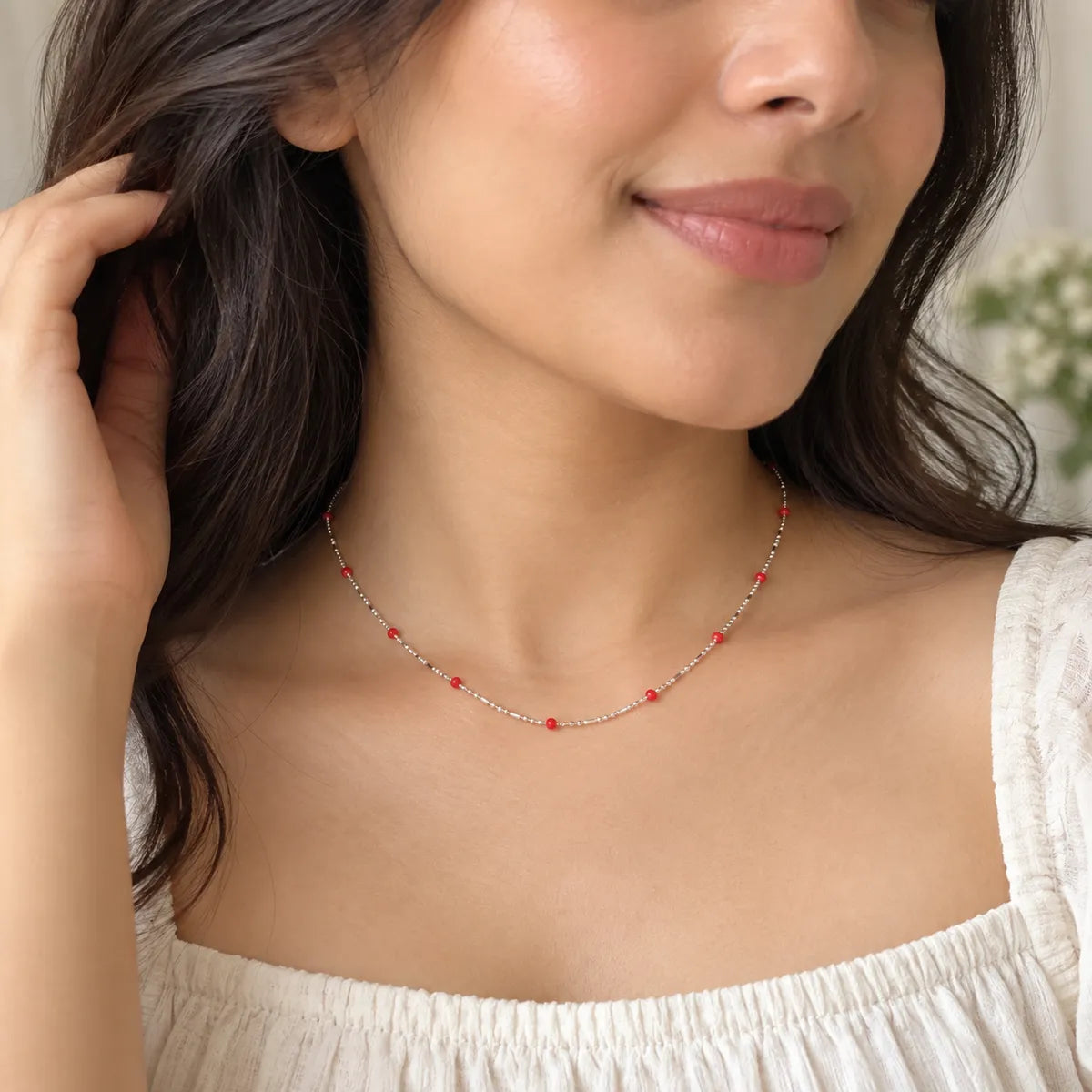 Dainty Red Enamel Station Necklace - made with 925 Silver