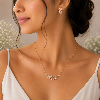 Elegant Leafy Sparkle Necklace Set - Rose Gold Plated - 925 Silver