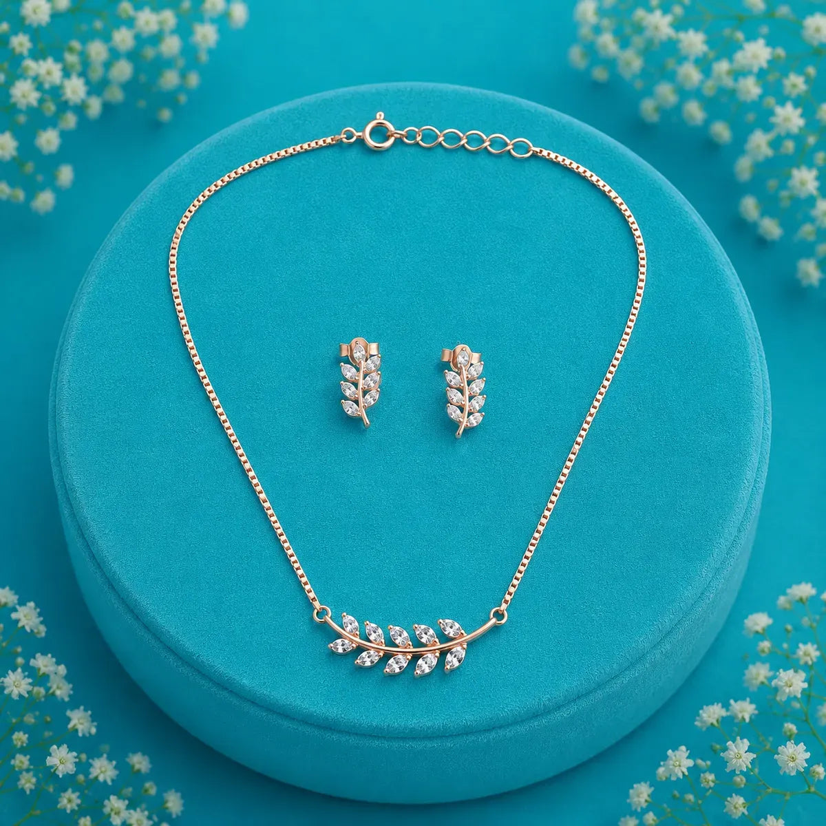 Elegant Leafy Sparkle Necklace Set - Rose Gold Plated - 925 Silver