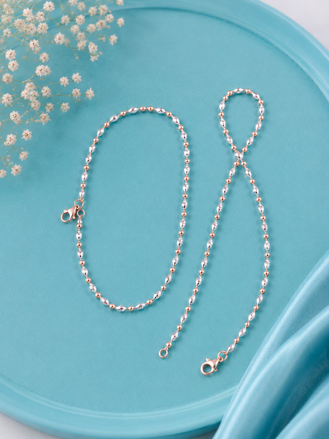 Rose Gold Dual-Tone Sparkle Beaded Anklet – 925 Silver - Single