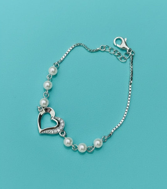 Pearl & Open Heart Bracelet - made with 925 Silver