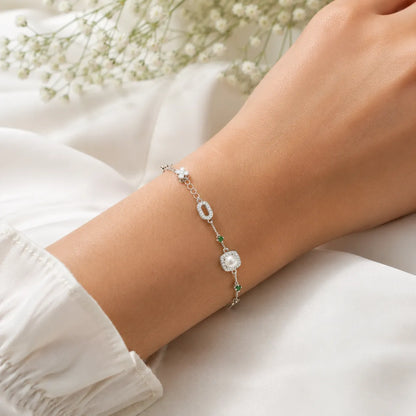 Emerald & Pearl Halo Bracelet - Green - made with 925 Silver