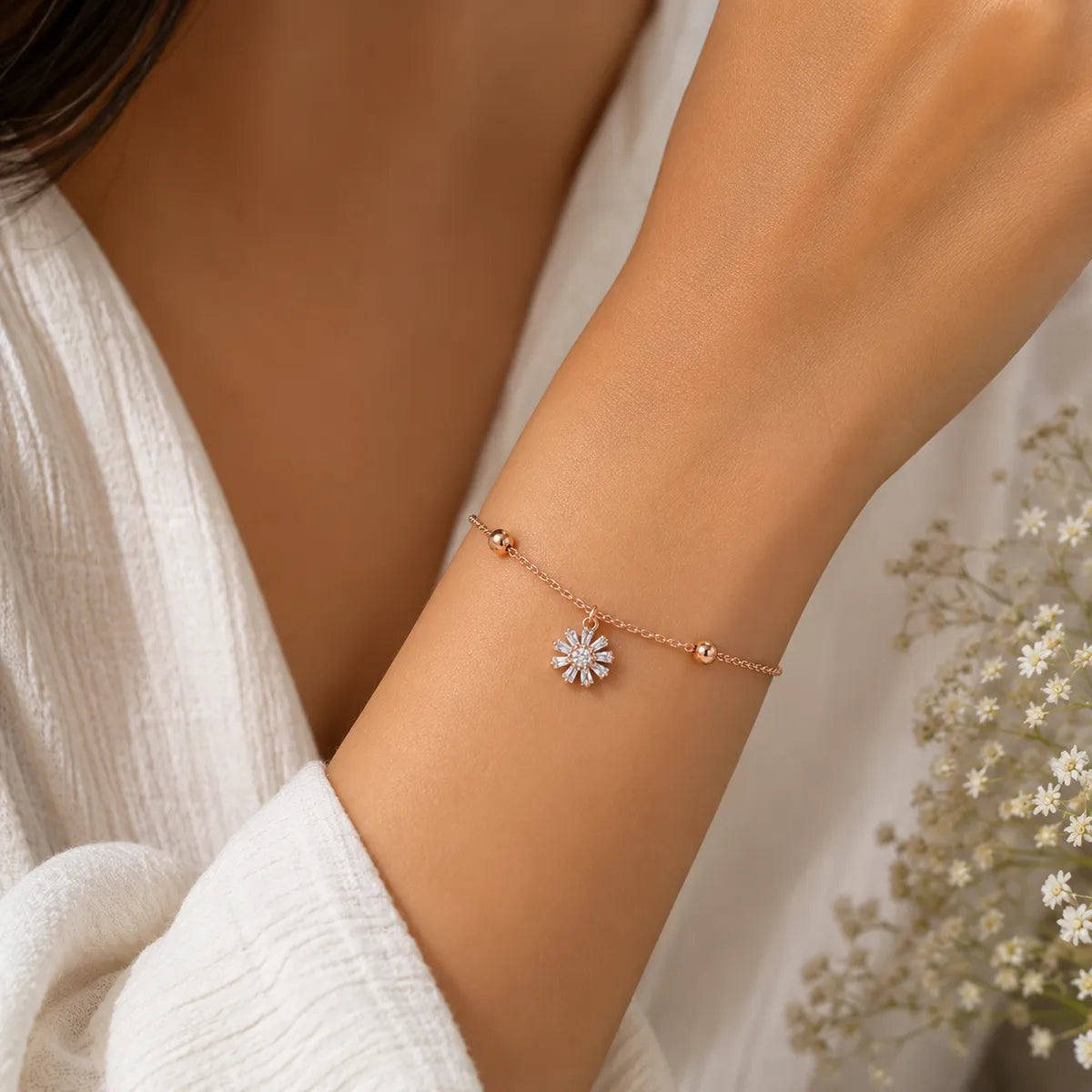 Blooming Daisy Drop Bracelet - Rose Gold - made with 925 Silver