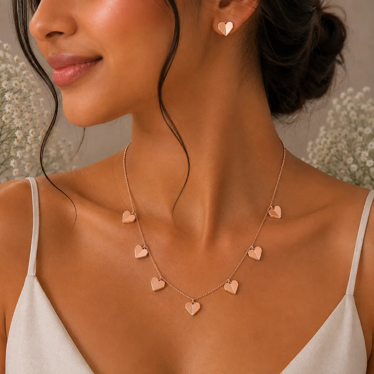 Mother of Pearl Heart Necklace Set (Rose Gold) - 925 Silver