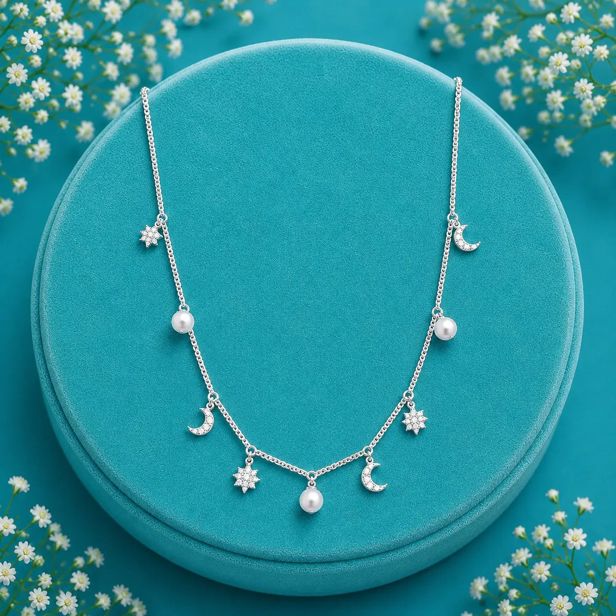 Celestial Moon & Pearl Necklace with Matching Pearl Drop Earrings Set – 925 Sterling Silver Rhodium Finish