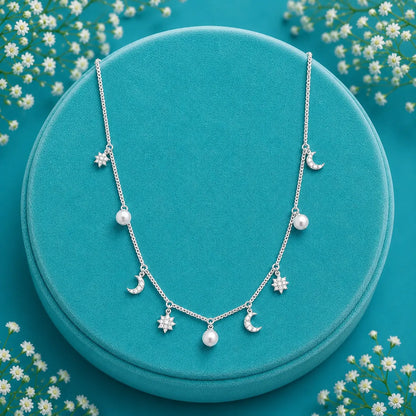 Celestial Moon & Pearl Necklace with Matching Pearl Drop Earrings Set – 925 Sterling Silver Rhodium Finish