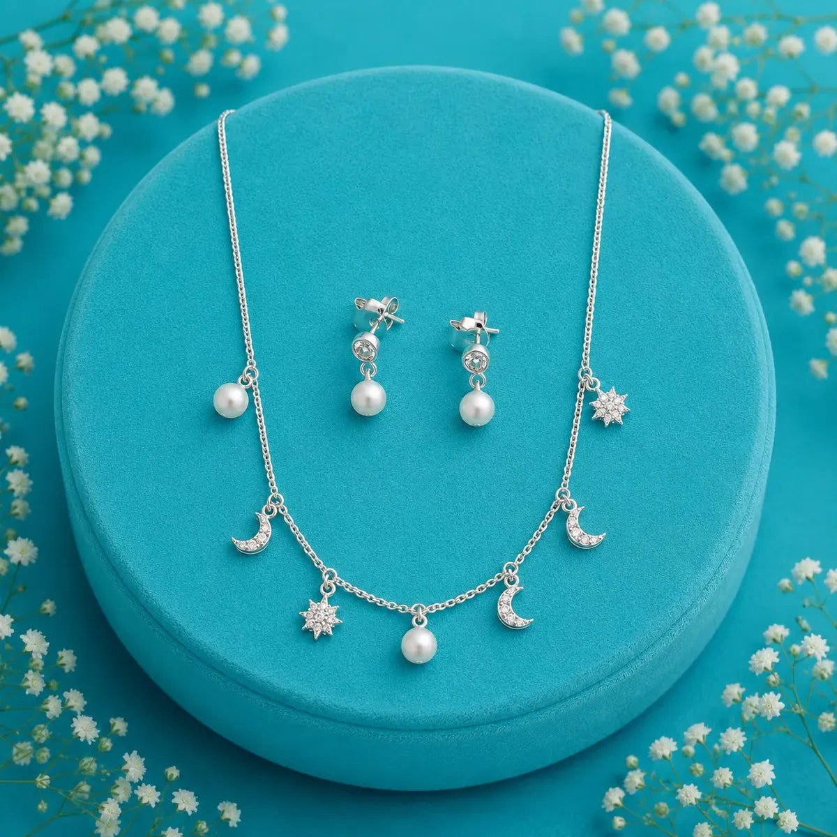 Celestial Moon & Pearl Necklace with Matching Pearl Drop Earrings Set – 925 Sterling Silver Rhodium Finish