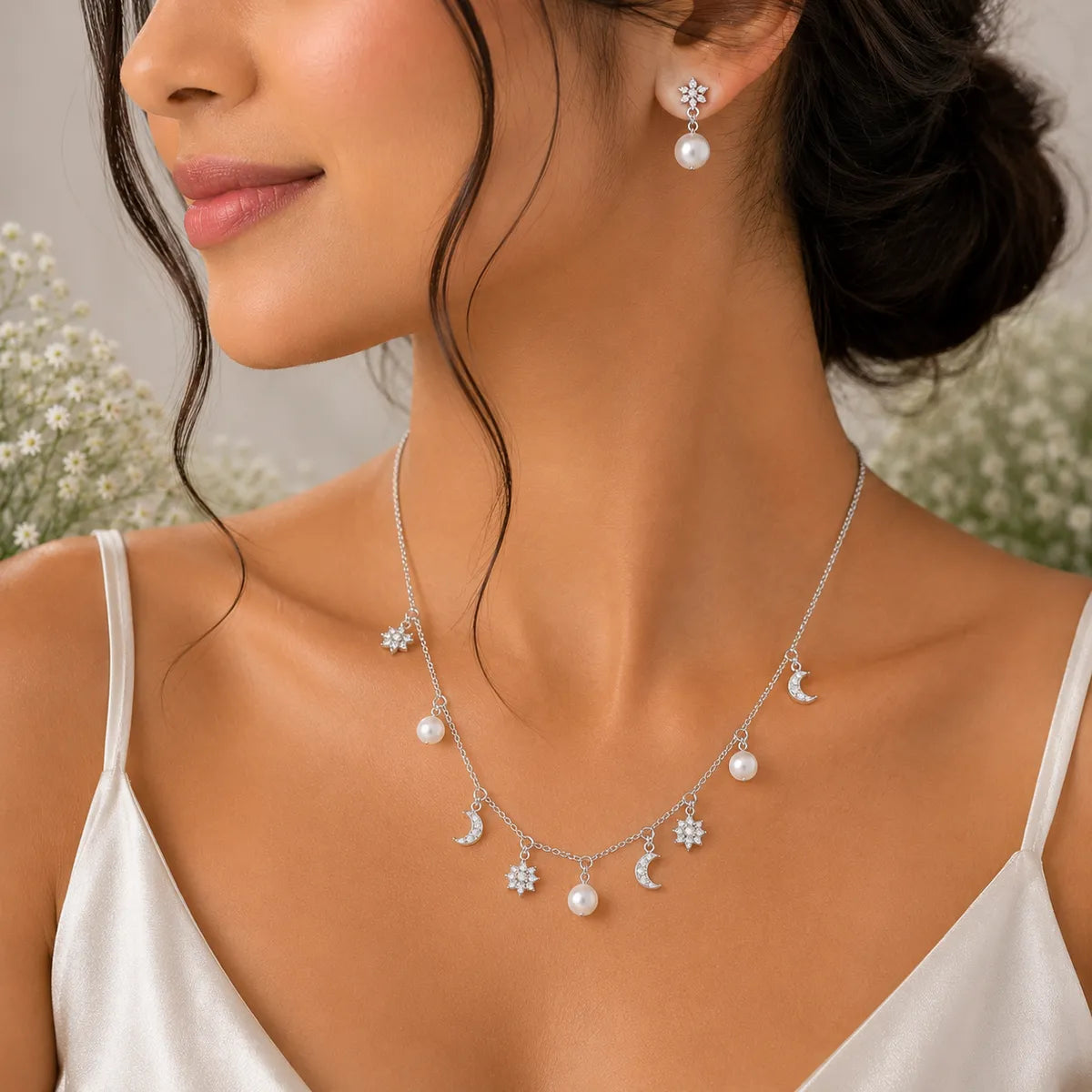 Celestial Moon & Pearl Necklace with Matching Pearl Drop Earrings Set – 925 Sterling Silver Rhodium Finish