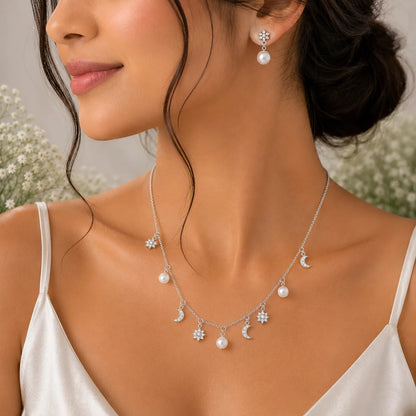 Celestial Moon & Pearl Necklace with Matching Pearl Drop Earrings Set – 925 Sterling Silver Rhodium Finish